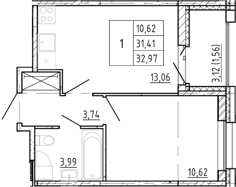 1-комнатная квартира 31.41 м², 11/12 эт., ЖК «Полис Новоселье»
